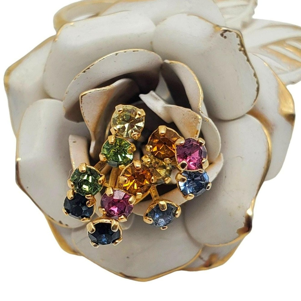 White Enamel Rose Brooch Flower Multi Color Rhinestone Pin Flower Power Vintage